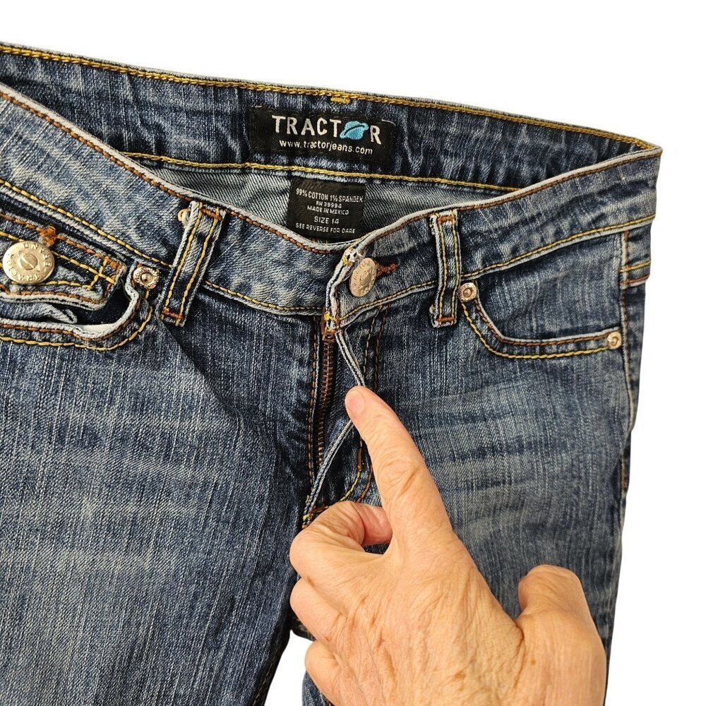 Tractor Jeans Flap Pockets Girls 14 Rolled Cuffs Contrast Stitching Medium Wash